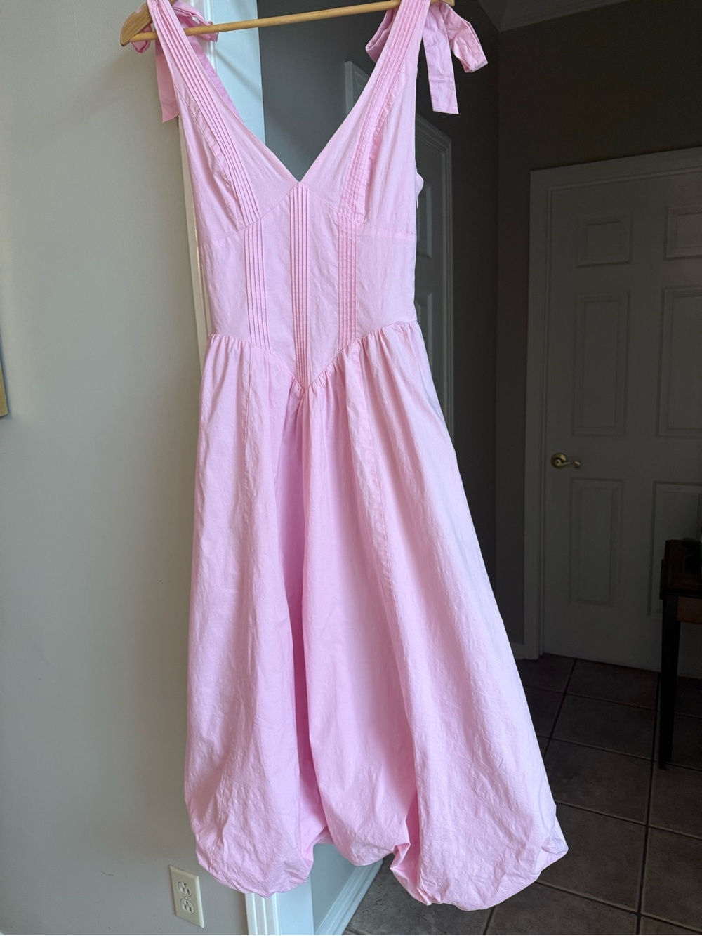 LENA Pink Corset Back Tie Shoulder Bubble Hem Midi Dress M